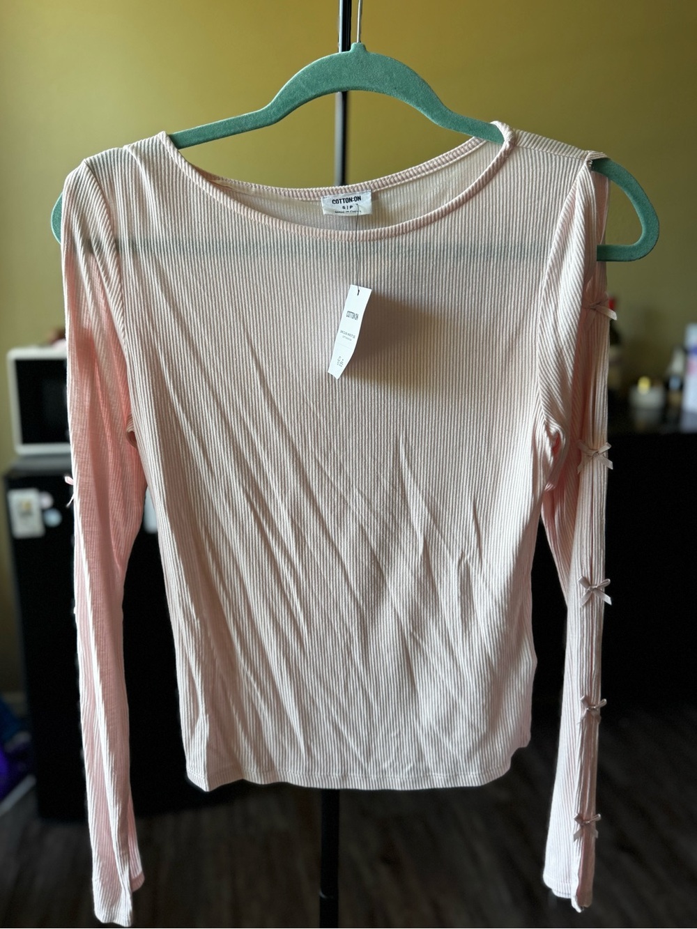 Cotton On Light Pink Ribbed Long-Sleeve Top with Sleeve Bows